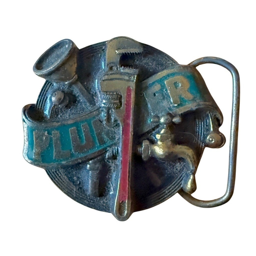 Vintage Great American Buckle Co Plumber Belt Buckle Pewter Tone 1982